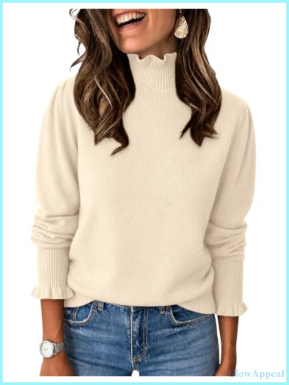 Ruffle Mock Neck Puff Sleeve Pullover Sweater